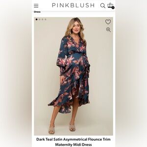 Pinkblush Maternity Dark Teal Satin Wrap Midi Dress - Size Small